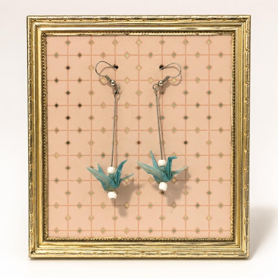 Blue Origami Paper Crane Dangle Earrings