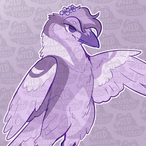 May include: A digital illustration of a bird with purple and white plumage, featuring a small flower crown on its head. The bird is depicted in a standing pose with one wing extended outward. The background displays a repeating Wild Wolverine Studios logo.