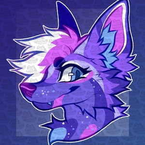 May include: A digital illustration of a stylised anthropomorphic wolf head in profile, featuring a vibrant colour palette of purple, magenta, and white. The character has large pointed ears, a tuft of white fur, and a dark nose with small star accents.