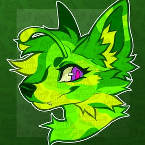 May include: A digital illustration of a stylized animal head with pointed ears and fur, rendered in vibrant shades of lime and forest green. The character features a single visible purple eye with a white pupil and a small tooth, outlined in white.
