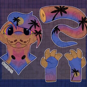May include: A digital illustration of a creature character featuring a tan head with a sunset-coloured mane, a long curved tail, and two paw-like hands. The design incorporates black palm tree silhouettes and the text COVEPALMS on a grid background.