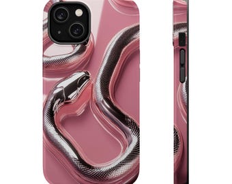 Könnte beinhalten: Eine pinkfarbene Handyhülle mit einem metallisch-silbernen Schlangendesign. Die Schlange windet sich über die Rückseite der Hülle, mit einem detaillierten Kopf und Schuppen. Die Hülle hat ein glänzendes Finish und einen schwarzen Rand.