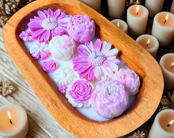 Birthday Gift for Women, Floral Dough Bowl Candle, Hand-Poured Soy Wax, Gift for Mom, Sister, Best Friend, Rustic Wooden Bowl, Flower Design