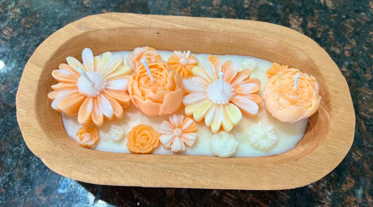 Floral Dough Bowl Candle - Hand-poured Soy Wax | Rustic Wooden Bowl ...
