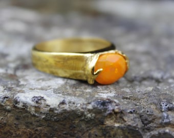Handmade Natural Orange Fire Opal Hand Designer Ring: 24K Gold over Sterling Silver