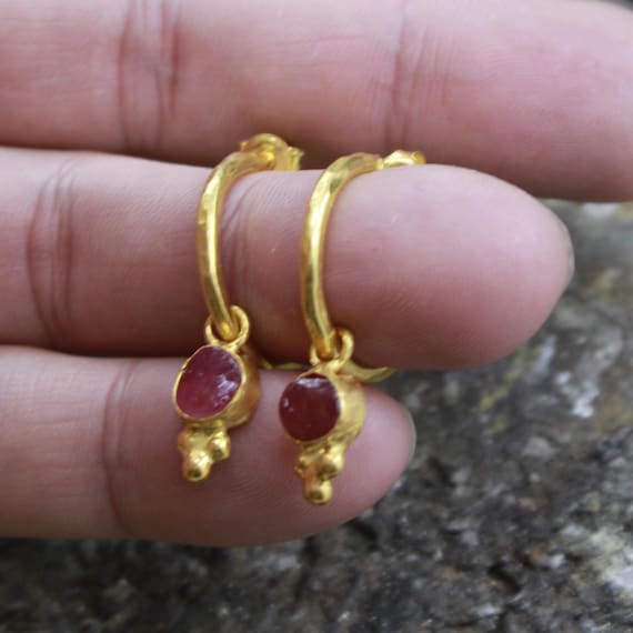 Natural Raw Ruby Hoop Earrings: 24K Gold Over Sterling Silver, Handmade Vintage Jewerly
