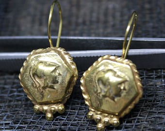 Bronze Artemis Earrings: 24K Gold over Silver, Ancient Roman Jewelry