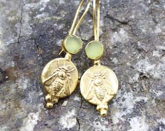 Bronze Honey Bee Earrings: 24K Gold Vermeil Apatite, Sterling Silver