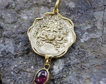 Bronze Medusa Intaglio Pendant Necklace : 24K Gold Vermeil, Sterling Silver & Natural Garnet