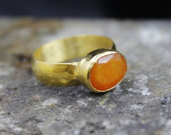 Handmade Natural Orange Fire Opal Ring: 24K Gold Over Sterling Silver