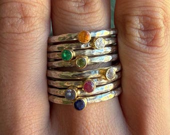 Handmade 24K Gold Over Sterling Silver Stack Ring :  Opal - Moissanite - Emerald - Peridot - Pink Sapphire - Ruby - Tanzanite - Sapphire