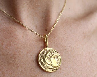 Pingente de moeda de Alexandre, o Grande, em bronze - Ouro 24K sobre prata de lei