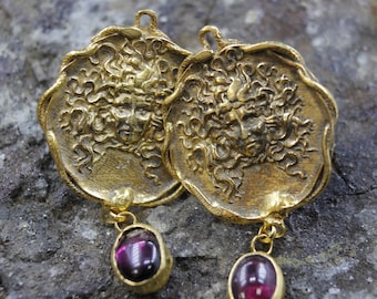 Bronze Medusa Intaglio Earrings: 24K Gold Vermeil, Natural Garnet Earrings