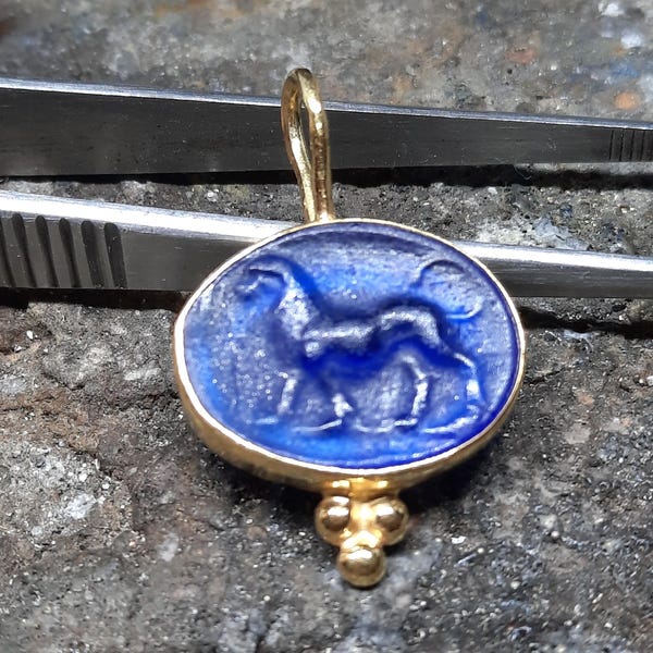 Handmade Enamel Lion Intaglio Pendant: 24K Gold over Sterling Silver