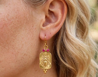 Handmade Enamel Bronze Bee Intaglio Earrings: 925k Sterling Silver and Bronze
