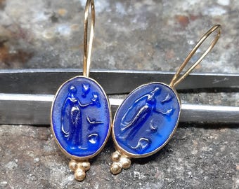 Handmade Enamel Woman With Pigeon intaglio Earrings Jewelry - 24K gold over 925k Solid Silver - Gift For Her - Hand Crafted Jewelry
