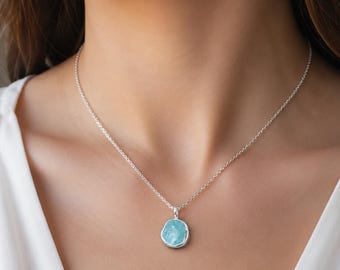 Handmade Natural Rough Aquamarine Pendant Necklace, Solid 925 Sterling Silver, Raw Aquamarine Crystal Necklace, March Birthstone Jewelry