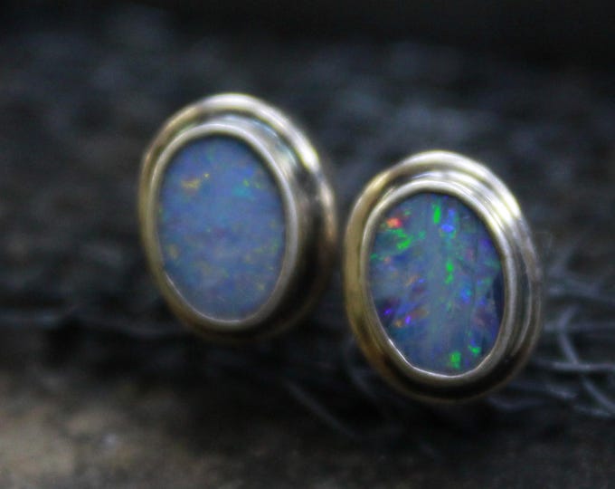 Featured listing image: Natural Austuralian Blue Opal Stud Earrings Jewelry - 24K gold over 925k Solid Silver - Gift For Her - Handmade Earrings - Mother Day Gift