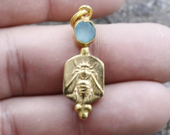 Gold Vermeil Honey Bee Intaglio Pendant with Natural Raw Apatite: Bronze Coin, Sterling Silver