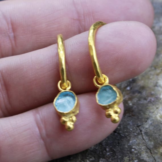 Natural Raw Aquamarine Hoop Earrings: 24K Gold Over Sterling Silver, Handmade Vintage Jewerly