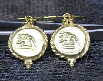 Bronze Greek Coin Earrings: 24K Gold Vermeil, 925 Silver, Ancient Jewelry