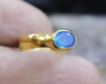 Handmade Natural Blue Fire Opal Ring: 24K Gold Over Sterling Silver