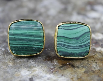 Malachite Stud Earrings: 24K Gold Vermeil over Sterling Silver