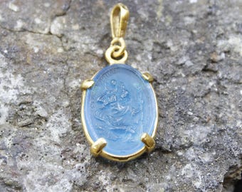 Handmade Glass Saint Christopher Intaglio Pendant: 24K Gold Vermeil Sterling Silver