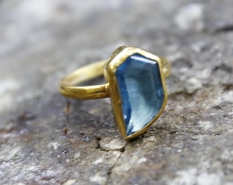 Handmade Blue Topaz Ring: 24K Gold Vermeil, 925 Silver, Lab Created