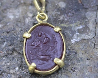 Handmade Glass Saint Christopher Intaglio Pendant: 24K Gold Vermeil Sterling Silver
