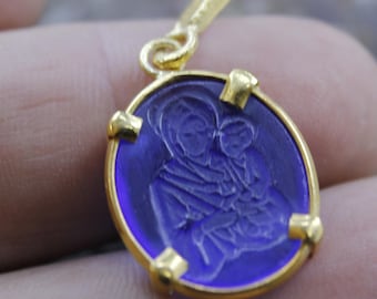 Handmade Virgin Mary Glass Intaglio Pendant: 24K Gold Over Sterling Silver