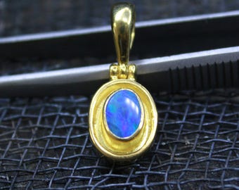 Australian Blue Opal Pendant: 24K Gold Over Sterling Silver, Handmade