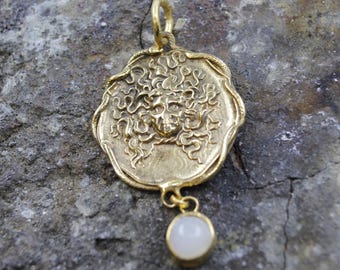 Bronze Medusa Intaglio Pendant Necklace : 24K Gold Vermeil, Sterling Silver & Natural Moonstone