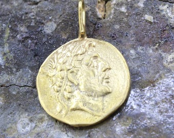Bronze Roman Emperor Intaglio Coin Pendant – 24K Gold Vermeil Over Sterling Silver
