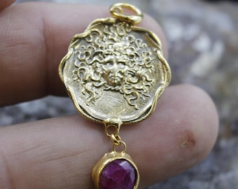 Bronze Medusa Intaglio Pendant Necklace : 24K Gold Vermeil, Sterling Silver & Natural Ruby