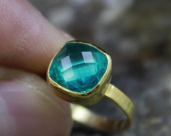 Handmade 24K Gold Vermeil Paraiba Tourmaline Ring: 925k Sterling Silver