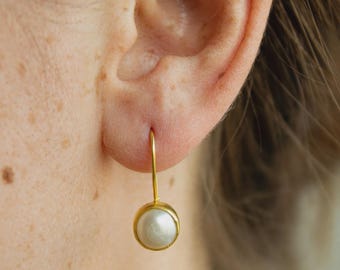 Brincos pendentes de pérola de água doce, banhados a ouro 24K sobre prata de lei, brincos de pérola, joias elegantes de ouro com pérolas, presente para ela.