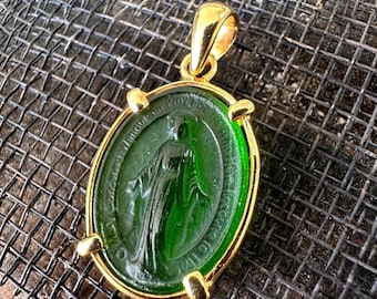 Handmade Glass Virgin Mary intaglio Pendant Silver Jewelry - 24K Gold Over 925k Solid Silver - Gift For Her - Handmade Pendant
