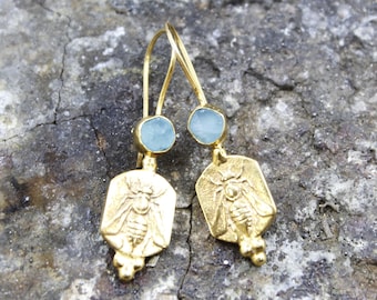 Bronze Honey Bee Intaglio Earrings: 24K Gold Vermeil, Apatite & Sterling Silver