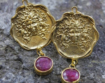 Bronze Medusa Intaglio Earrings: 24K Gold Vermeil, Natural Ruby Earrings