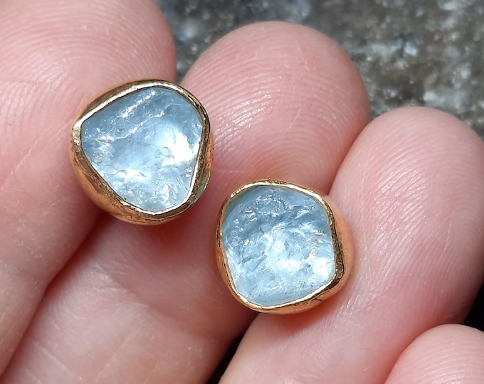 Featured listing image: Natural Raw Aquamarine stud Earrings Silver Jewelry - 24K gold over 925k Solid Silver - Gift For Her - Handmade Earrings - Christmas Gift