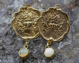 Bronze Medusa Intaglio Earrings: 24K Gold Vermeil, Natural Moonstone Earrings