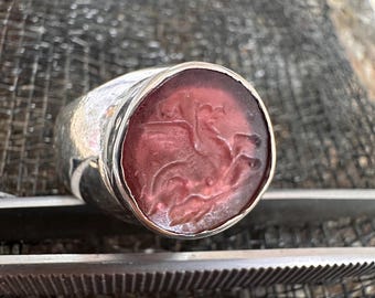 Handmade Pegasus Enamel Intaglio Ring: 24K Gold Over Sterling Silver