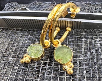 Raw Green Apatite Earrings: 24K Gold Vermeil, 925 Silver, Handmade Jewelry