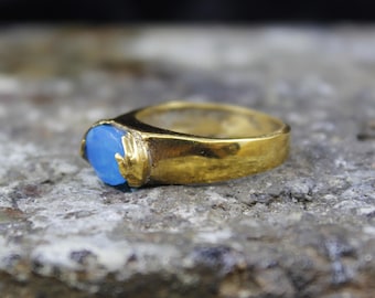 Handmade Natural Blue Fire Opal Hand Designer Ring: 24K Gold over Sterling Silver