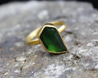 Handmade Emerald Ring: 24K Gold Vermeil, 925 Silver, Lab Created