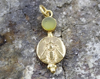 Gold Vermeil Honey Bee Intaglio Pendant with Natural Raw Apatite: Bronze Coin, Sterling Silver