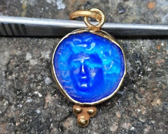 Handmade Enamel Medusa Intaglio Pendant: 24K Gold over Sterling Silver
