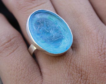 Blue Enamel Intaglio Saint Christopher Ring, 24K Gold Vermeil Sterling Silver Ring, Antique Style Religious Ring, Patron Saint Traveler Ring