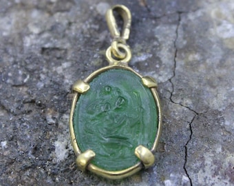 Handmade Glass Saint Christopher Intaglio Pendant: 24K Gold Vermeil Sterling Silver
